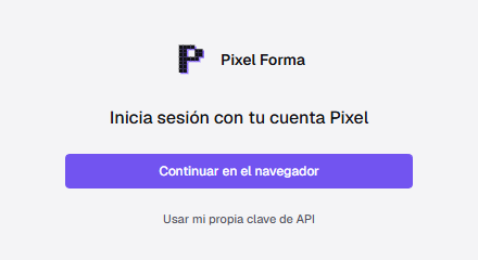 Pixel Forma: Inicia sesión con tu cuenta Pixel, Continuar en el navegador, Usar mi propia clave de API