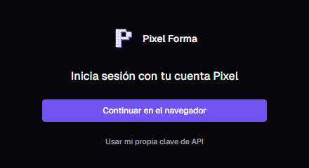 Pixel Forma: Inicia sesión con tu cuenta Pixel, Continuar en el navegador, Usar mi propia clave de API