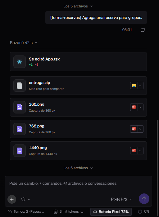 Conversación con Razonó 42 s, Se editó App.tsx, entrega.zip y capturas