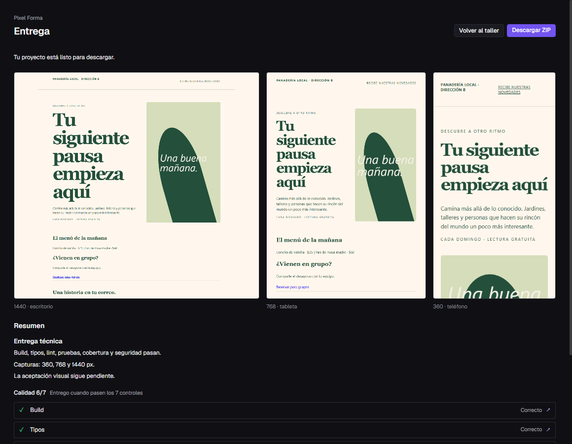 Entrega con Volver al taller, Descargar ZIP, capturas a 1440, 768 y 360 px y el resumen técnico
